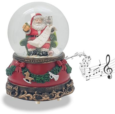 Schneekugel Weihnachten Spieluhr | Weihnachtsmann Geschenkeliste | Sockel Weihnachten rot Tannengirlande | mit Spieluhr | Schüttelkugel Weihnachtsdekoration | B: 10 cm H: 14 cm | 20277