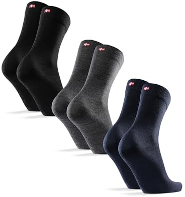 DANISH ENDURANCE Merino Socken mit Knopfsystem, Atmungsaktiv, 3 & 5 Paar, Mehrfarbig (1xSchwarz, 1xGrau, 1xDunkelmarineblau), 39-42