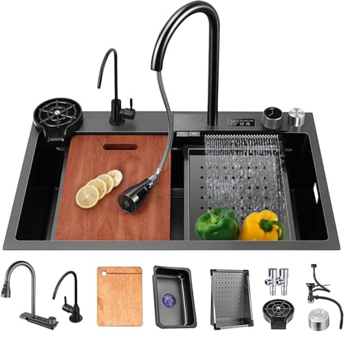 75x50cm Fregadero De Cocina En Cascada Negro, Fregadero Nano De Acero Inoxidable, Fregadero Para El Hogar, Lavabo Para Verduras, Fregadero Individual, Estación De Trabajo