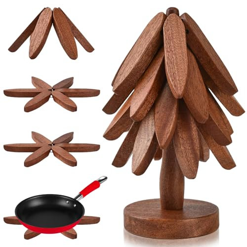 Duscdesp Wooden Trivets for Hot Pans Pots Dishes,4 Wooden Coasters+1 Stand,Wooden Trivet Tree for Kitchen Worktops Protector,Wooden Trivet Heat Proof Mat for Hot Dishes Pots Cups Bowls (Dark Color)