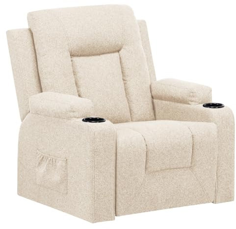 COMHOMA Relaxsessel aus Stoff für Wohnzimmer mit Manuell Verstellbarer Rückenlehne, Ausziehbarer Fußstütze, 360° Drehfunktion, Becherhaltern, Seitentaschen und Ergonomischem Design, Beige