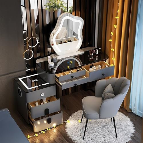 MYDD8 Vanity Desk With Mirror and Drawers,Wireless Charging Vanity Table with Bluetooth Speaker,Dressing Table with Chair Bedroom Dressing Table for Bedroom (Grey dressing table set A)