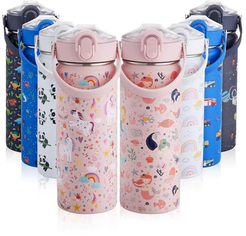 Autsel 550ml Trinkflasche Kinder Edelstahl mit Strohhalm, Trinkflasche Auslaufsicher BPA-frei, Trinkflasche Kohlensäure Geeignet Kinder, Trinkflasche Schule Jungen/Mädchen für Kindergarten