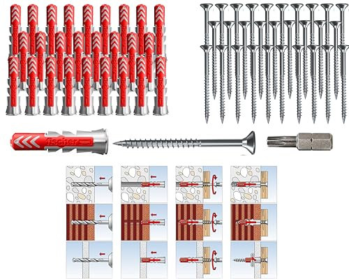 Fischer DUOPOWER DÜBEL mit SCHRAUBEN und BIT, Universaldübel, leistungsstarker 2K-Dübel, zur Befestigung in Beton, Ziegeln, Stein, Gipsbauplatten (8x40mm + 5,0x60mm Schrauben, 50, Stück)