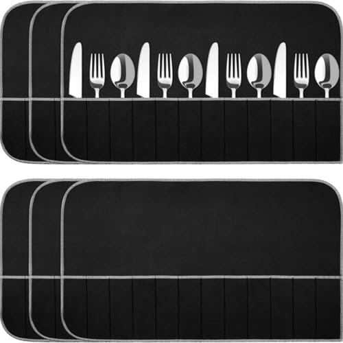 Generico 6/12 Pezzi Borsa per Posate in Argento, portaposate in Tessuto,Porta Sacchetti Cucina,Porta Posate Viaggio,Custodia per Posate,Porta Posate Stoffa Arrotolabile, con Nastro Bianco