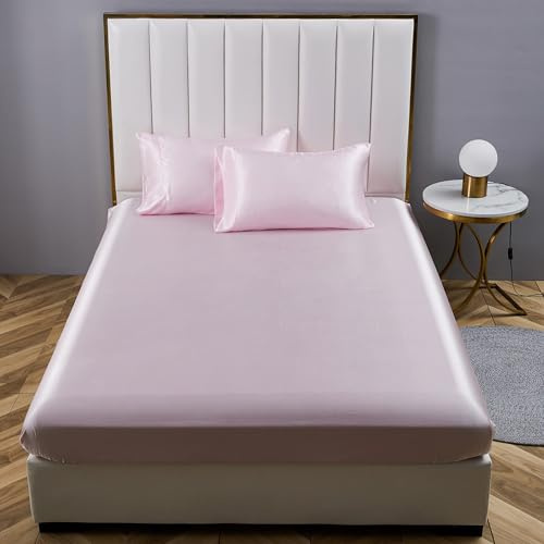 YASMENG Drap Housse 140x190 Satin Rose Uni Bonnet 30 cm Soyeux Brillant Luxe Soie Drap de lit en Satin de Soie Polyester Douce Lisse Respirant pour Matelas Épais