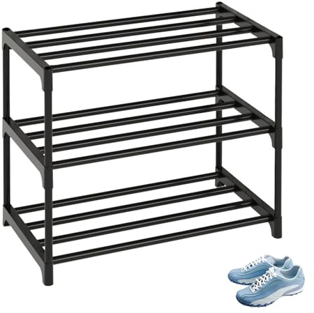 3 Tier Shoe Rack, Narrow Small Shoe Storage Organiser, Space Saving Metal Footware Storage Rack, Easy Assembly & Strong Design, Stackable Shoe Shelf Stand for Hallway, Living Room, Bedroom(Black)