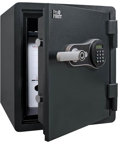 Profirst FireGuard 50 Feuerschutztresor 60 minütiger Feuerschutz Stahl Schwarz Elektronikschloss Fingerprint Notöffnung Panikverschluss LED-Beleuchtung verstellbarer Fachboden Befestigungsmaterial