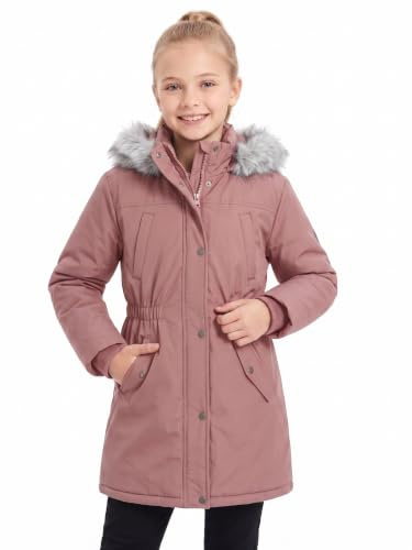 SOLOCOTE Vinterkappa för flickor vattentät tjock skidjacka med fuskfjäder huva lång barnparkas, Rosa, 10 år