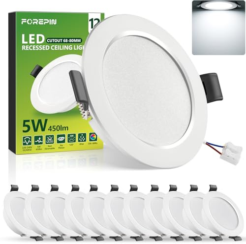 Forepin LED Einbaustrahler 230V 5W, LED Spots Flach Kaltweiß 6000K, 68-80mm Loch Deckenspots, 450LM Bad Einbauleuchten, IP44 Ultra Flach Einbauspots für Badezimmer Küche Wohnzimmer, 12er Set