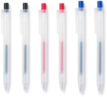 MUJI 無印良品 Ultrafeine Gelstifte, 0,38 mm Spitze, einziehbar und nachfüllbar, Blau/Schwarz/Rot (6)