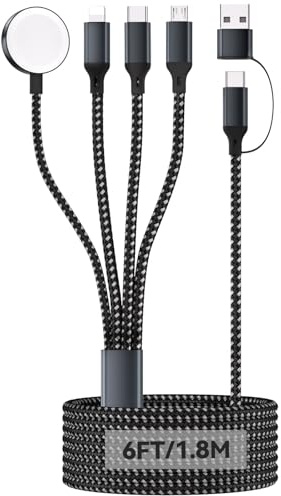 4 in 2 Multi Charger Cable, 1.8M Nylon Braided Charging Cables, USB-A/C to iWatch Charger/Type-C/iOS port/Micro USB, Travel Essentials for iPhone 17/16/15/14 Apple Watch 11/10/9/8 iPad Pro/Air