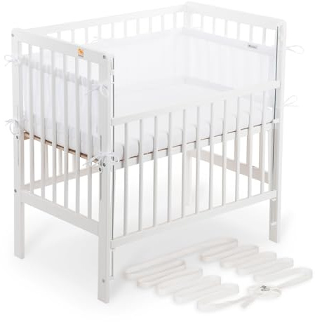 FabiMax Boxspring Baby Beistellbett Flex 90x55, TÜV geprüft, aus Buchenholz weiß lackiert, mit innovativem verstellbarem Seitengitter, passend für Boxspringbetten (Matratze Air, Weiß)