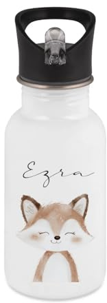 Manufaktur Liebevoll Personalisierte Kinder Trinkflasche aus Edelstahl mit Name und Tiermotiv, mit Strohhalm, in 400 ml, 500 ml oder 600 ml, für Kita, Schule und Ausflüge (Fuchs, 400 ml)