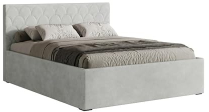 Meblofun Polsterbett Radius mit Kopfteil, 180x200 cm, Doppelbett mit Bettkasten und Lattenrost aus Holz, Velourstoff, Farbe: Hellgrau