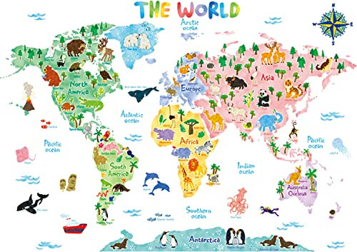 DECOWALL SG2-1615S Weltkarte Tierweltkarte Tiere Wandtattoo Wandsticker Wandaufkleber Wanddeko für Wohnzimmer Schlafzimmer Kinderzimmer (Groß) (Englisch Ver.)