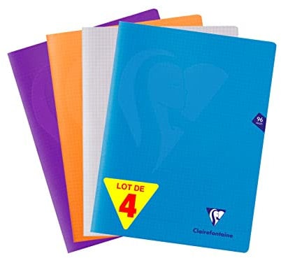 Clairefontaine 293362AMZC Lot de 4 Cahiers Agrafés Mimesys - 24x32 cm - 96 Pages Petits Carreaux - Papier Blanc 90 g - Couvertures Polypro Couleurs Assorties (Bleu, Incolore, Orange et Violet