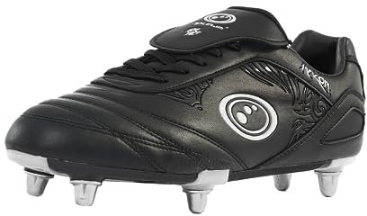 Optimum Men's Razor 8 Studs Rugby Boots | Sturdy Material, Lace-Up - Lightweight | Flexible and Comfortable Fit Mesh Lining| Black/Silver, 8 UK