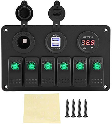KIMISS ABS 6 Gang Étanche ON-OFF Interrupteur À Bascule Panneau Double Prise De Charge USB Chargeur LED Voltmètre 12V 24V Prise De Courant pour Voiture Bateau Marine VR Camion Camping Véhicules (Vert)