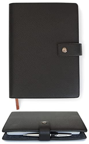 CASE ELEGANCE Nachfüllbares Leder Notizbuch A5. mit Stiftschlaufe, Kartenfächer - Messingverschluss
