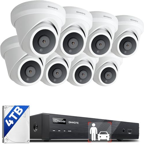 ONWOTE Sistema di telecamere di sicurezza 4K a 16 canali, (8) telecamere IP 4K PoE con AI-Human-Detection, 16CH H.265+ 4K 8MP NVR 4TB HDD, 2-Storage-Bay, registrazione audio video, riproduzione sincro