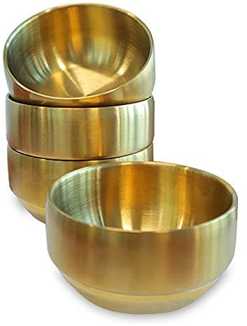4Pack Thick 304 Stainless Steel Bowls, Small Double Wall Rice Bowl, Stainless Steel Soup Bowl, Metal Bowls for Salad Fruit Cereal Noodle (Gold, 12cm)