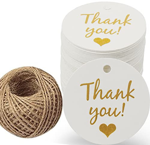 100 Stück weiße Dankeschön-Geschenkanhänger mit Schnur, rundes Papier, Geschenkpapier zum Aufhängen für Hochzeit, Babyparty, Geburtstag, Party