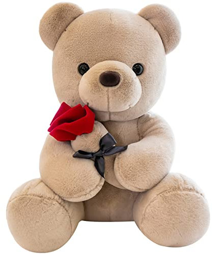 Orsacchiotto peluche con rosa, simpatico peluche giocattolo, idea regalo per bambini, ragazzi, ragazze, compleanno, Natale, San Valentino (35 cm, marrone)