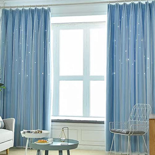Bestenrose Vorhang Doppelschicht Blackout Vorhänge 1 Stücke Kinderzimmer Verdunkelungsvorhang Hohle Sterne Verdunkelung Vorhänge mit Voile (Blau, B150 x H250 cm)