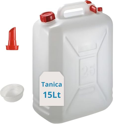 Tomaino - Tanica 15 Litri in Plastica con Tappo e Dosatore - Fusto HDPE Contenitore per Condensa Condizionatore - Bidone per Liquidi, Benzina, Acqua, Olio, Miscela, Campeggio, Vino, Camper (15 Lt)