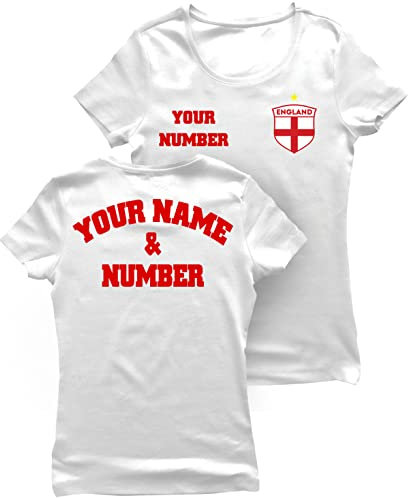 lepni.me Women's T-Shirt England Football Shirt with Your Name and Number - England Flag Badge Personalised Retro Custom Top World Cup 2022 European Football Championship Fan (M White Multi Color)