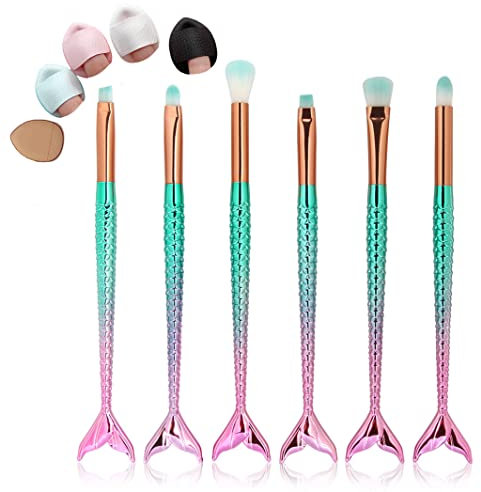 Lot de 6 pinceaux de maquillage sirène 3D pour fard à paupières, eyeliner, blush, bleu ciel et rose