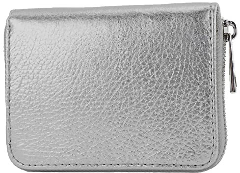 modamoda de P04 Portefeuille pour femme, en cuir véritable, court, style italien, métallique gris argenté, Small