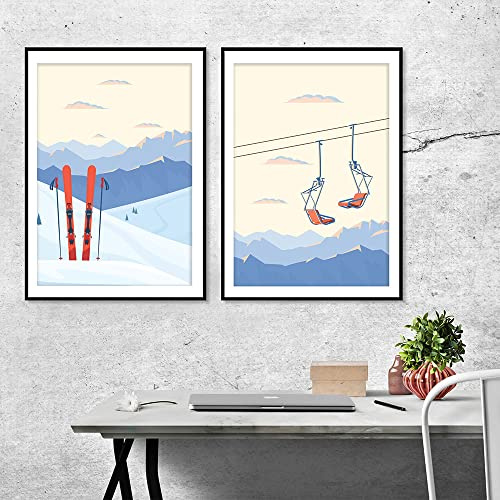 OTURRI Vintage Ski Lift Poster Print Skiing Wall Gemälde Winter Mountain Landscape Canvas Painting Snowy Picture For Living Room Wall Deko 50x70cmx2 Unframed