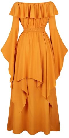 Josamogre Mittelalter Kleidung Damen Große Größen Kleid Dress Renaissance Mit Trompetenärmel Party Kostüm Bodenlang Vintage Retro Gelb M