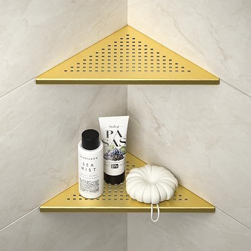 Bernkot Corner Shower Shelves 10, Brushed Gold 304 Stainless Steel Recessed Bathroom Shelf, Grout in Shelf Rack for Tiled Wall, 2 Pack