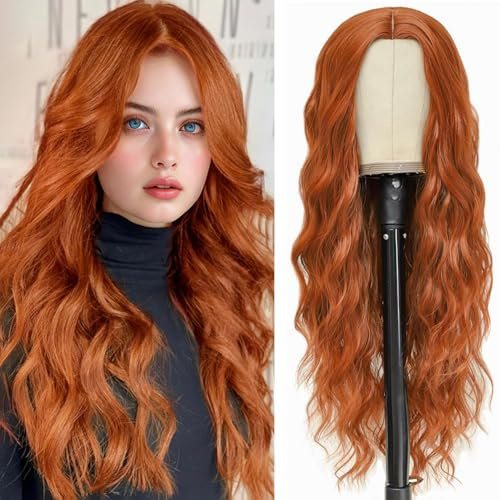 PORSMEER Damen Perücke Ingwer Lang Lockige Kupfer Rot Perücken für Frauen, Natürlich Mittelscheitel Lange Locken Orange Rot Wig, Anime Cosplay Halloween Wigs 28 Zoll
