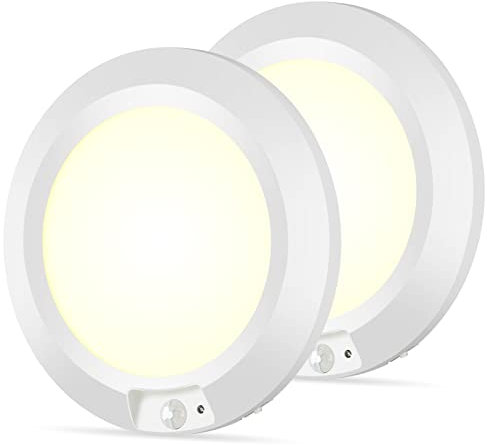 LINEWAY Deckenleuchte mit Bewegungsmelder Batteriebetrieben, LED Deckenlampe mit Bewegungssensor Batterie 210LM 3000K Nachtlicht Innen Lampe Φ16cm für Keller Treppe Waschküche Schrank Küche(2 Stück)