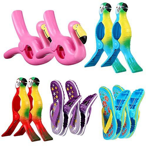 10 Stück Strandtuch-Clips Niedliche Flamingo Badetuch Clips Große Wäscheklammern Handtuchklemmen,Papagei Slipper Handtuchklammern für Strandliegen,Tragbare Winddicht Handtuchklemmen