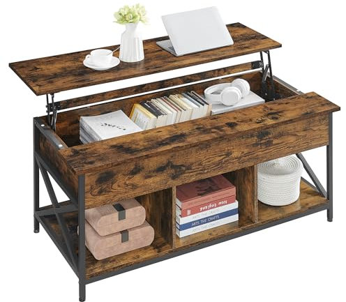 VASAGLE Mesa de Centro, Mesa de Café con Tablero Elevable, para Dormitorio, con Espacio Abierto y Oculto, Barras en Forma de X, 60 x 120 x (48-62) cm, Marrón Rústico y Negro LCT215K01