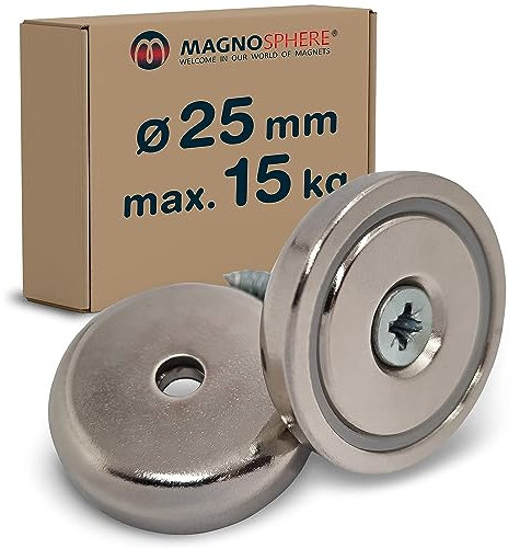 Topfmagnet Neodym Magnet zum Anschrauben rund extra stark - 15 kg - mit Senkbohrung - Starke NdFeB-Magnete im Stahltopf Ø 25 mm mit Loch/Bohrung und Senkung für Büro Haushalt Werkstatt - 5 Stück