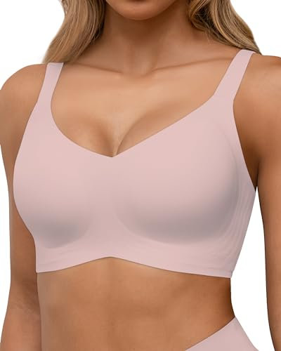 HORISUN Reggiseni Senza Cuciture Reggiseno Push up Wireless a Copertura Totale per Donne Comode Bralette di Supporto con Scollo a V (Rosa S)