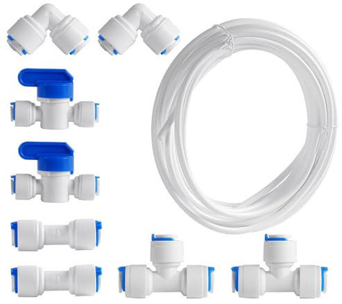 tooloflife RO Wasserfilter-Armatur, 6,35 mm Schnellanschluss, Wasserreiniger-Rohrverschraubungsset (Kugelventil + T/I/L Anschluss) + 10 m Schlauch für Wasserspender Eisbereiter – Set A