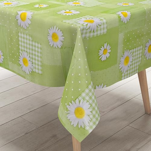 KEVKUS Wachstuch Tischdecke KE37020 grün Margeriten Frühjahr wählbar in eckig, rund und oval - Größe eckig 140x140cm Schnittkante