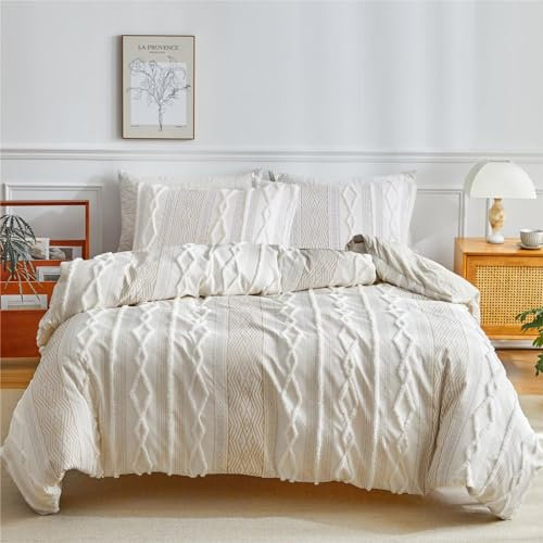 Freyamy Böhmen Bettwäsche 135x200cm 4teilig Beige Jacquard Getuftet Geometrische Streifen Boho Bettwäsche 100% Microfaser Bettbezug 2 Bettdeckenbezüge mit Reißverschluss und 2 Kissenbezug 80x80cm