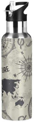 Ksajwzf Borraccia termica vintage con mappa del mondo, in acciaio inox, per bambini, con coperchio con cannuccia, bottiglia termica a prova di perdite, per bici, corsa, passeggiate all'aperto, 590 ml
