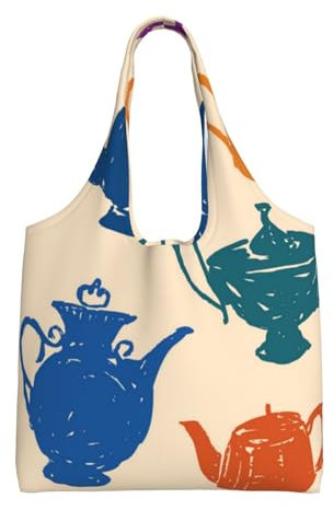 BEEOFICEPENG Shoulder Bag, Large Canvas Tote Bag Tote Purse Casual Handbag Reusable Shopping Bags,Tea Pots Pattern