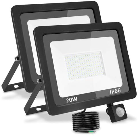 treoir LED-Außenstrahler mit Bewegungsmelder, 20 W, 2000 lm, LED-Strahler, Kaltweiß, 6000 K, IP66, wasserdicht, LED-Spot für Garten, Garage, Hof (kaltweiß, 2 Stück, 20 W)