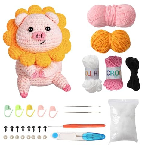 Jodimitty Häkelset Tiere Häkeln für Anfänger Erwachsene Schwein Sonnenblume All-in-One Häckeltierchen Set DIY Puppe Tierstil Crochet Set mit Anleitung, Häkelzubehör DIY Bastelgeschenke