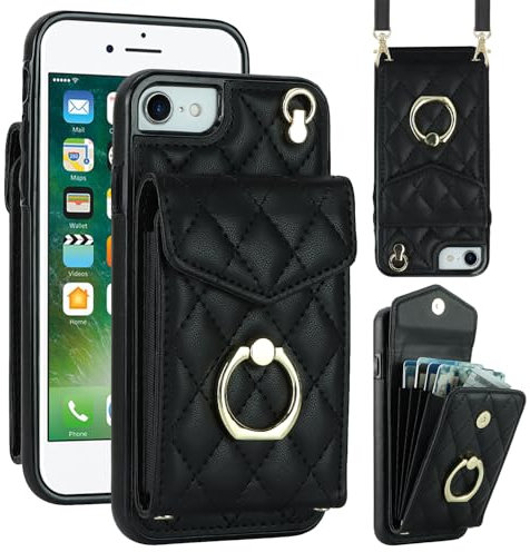 Draamvol for iPhone SE 2022/ iPhone 8 Case Wallet Shockproof Leather iPhone SE 2020/7 Phone Case with Card Holder Ring Holder Detachable Necklace Magnetic RFID Blocking Air Bumper Cover,Black